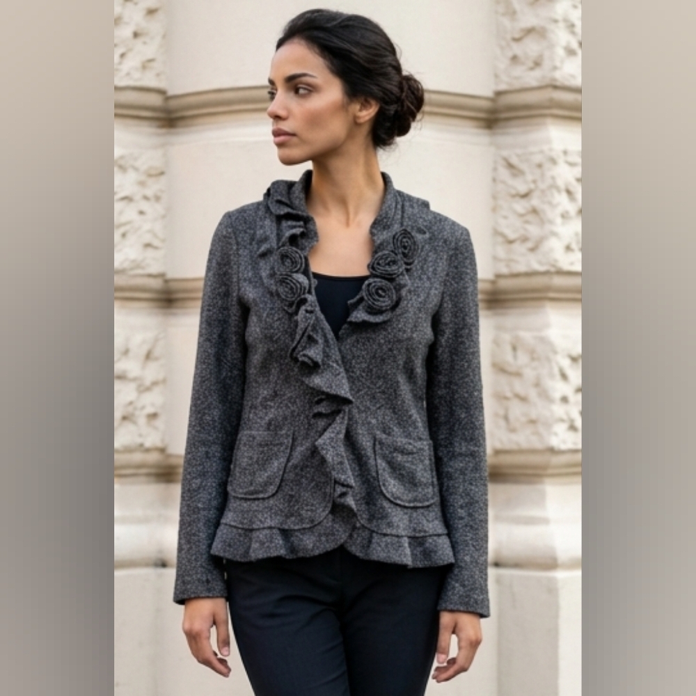 Marisa Christina SZ L 100% Wool Dark Gray Ruffled Long Sleeve Cardigan Flowers